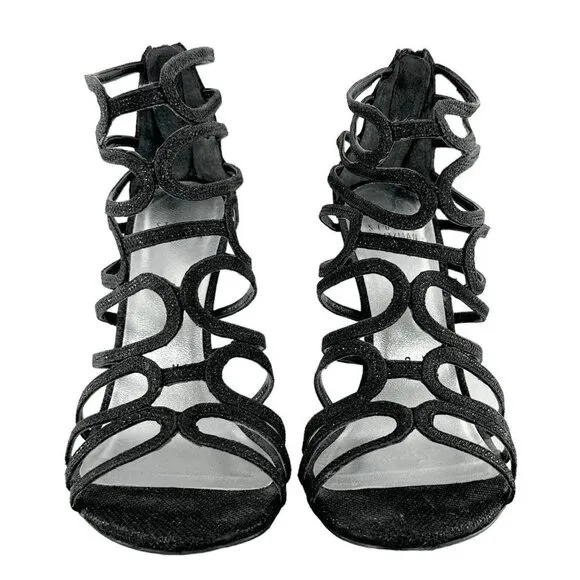 STUART WEITZMAN Loopdeloop Black Glitter Leather Caged Sandals Heels Size 9