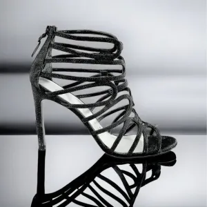 STUART WEITZMAN Loopdeloop Black Glitter Leather Caged Sandals Heels Size 9