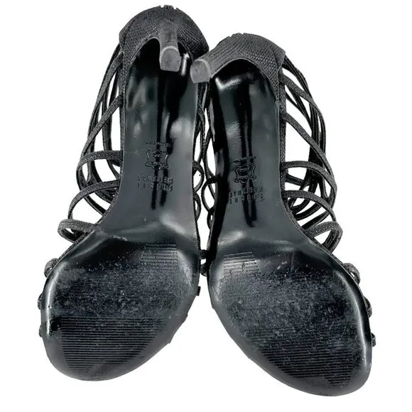 STUART WEITZMAN Loopdeloop Black Glitter Leather Caged Sandals Heels Size 9