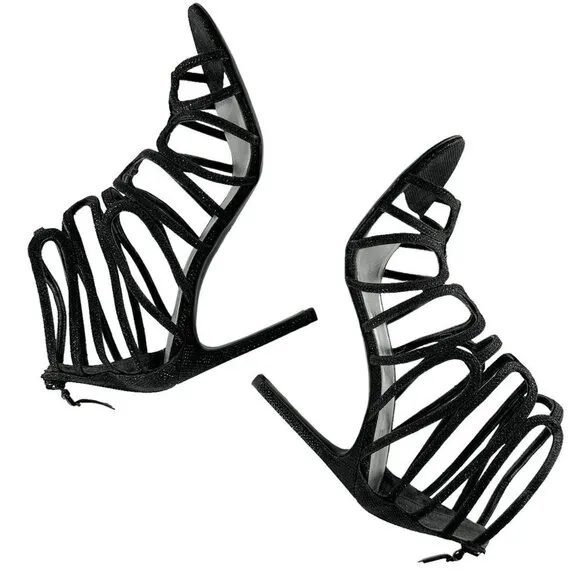 STUART WEITZMAN Loopdeloop Black Glitter Leather Caged Sandals Heels Size 9