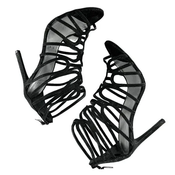 STUART WEITZMAN Loopdeloop Black Glitter Leather Caged Sandals Heels Size 9