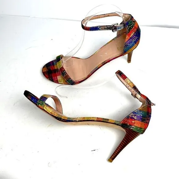 STUART WEITZMAN Metallic Rainbow Plaid Leather Ankle Strap Nunaked Sandals 9,5