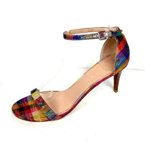 STUART WEITZMAN Metallic Rainbow Plaid Leather Ankle Strap Nunaked Sandals 9,5