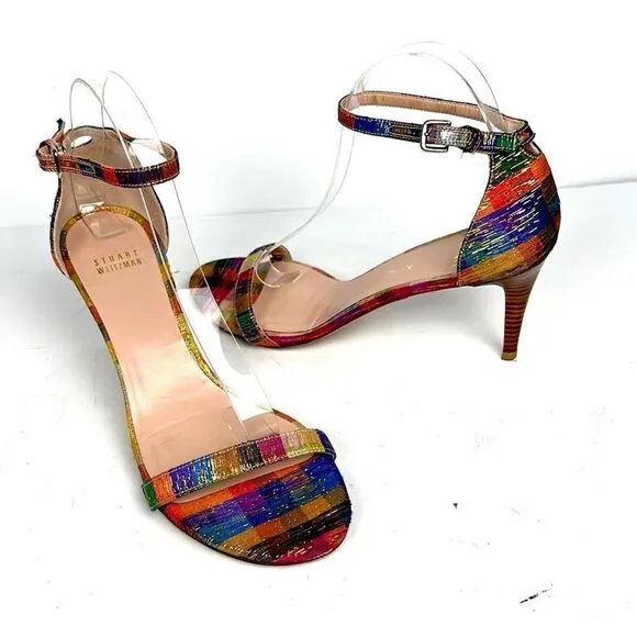 STUART WEITZMAN Metallic Rainbow Plaid Leather Ankle Strap Nunaked Sandals 9,5