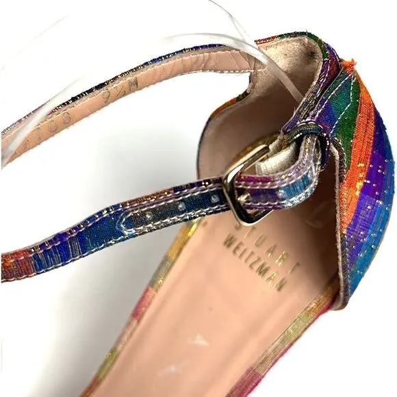 STUART WEITZMAN Metallic Rainbow Plaid Leather Ankle Strap Nunaked Sandals 9,5