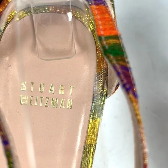 STUART WEITZMAN Metallic Rainbow Plaid Leather Ankle Strap Nunaked Sandals 9,5