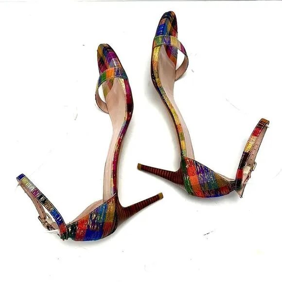 STUART WEITZMAN Metallic Rainbow Plaid Leather Ankle Strap Nunaked Sandals 9,5
