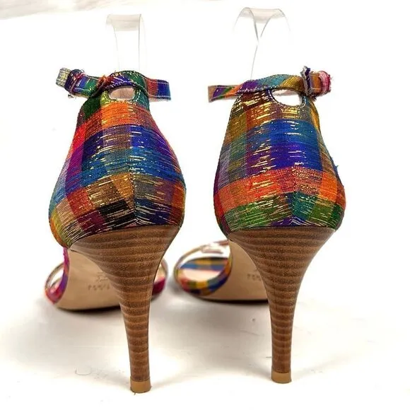 STUART WEITZMAN Metallic Rainbow Plaid Leather Ankle Strap Nunaked Sandals 9,5