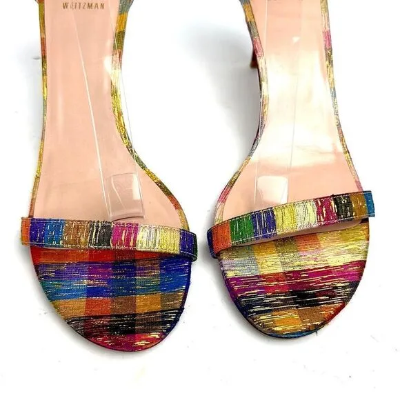 STUART WEITZMAN Metallic Rainbow Plaid Leather Ankle Strap Nunaked Sandals 9,5