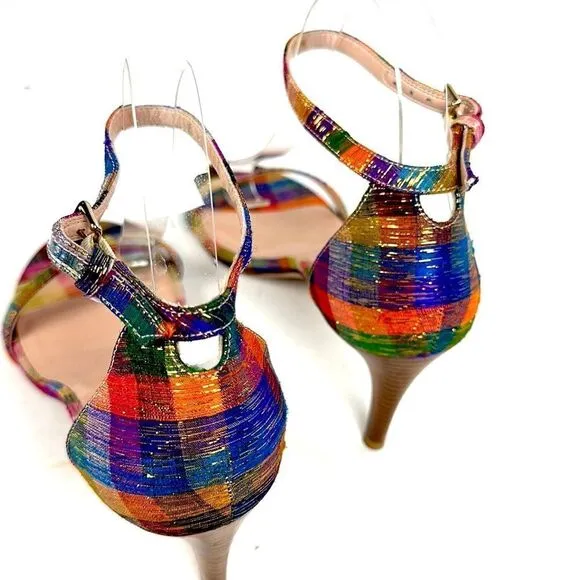 STUART WEITZMAN Metallic Rainbow Plaid Leather Ankle Strap Nunaked Sandals 9,5
