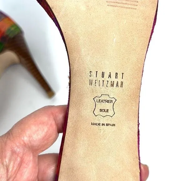 STUART WEITZMAN Metallic Rainbow Plaid Leather Ankle Strap Nunaked Sandals 9,5