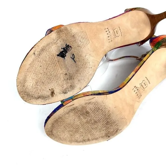 STUART WEITZMAN Metallic Rainbow Plaid Leather Ankle Strap Nunaked Sandals 9,5