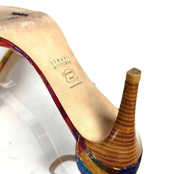 STUART WEITZMAN Metallic Rainbow Plaid Leather Ankle Strap Nunaked Sandals 9,5