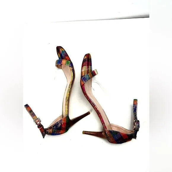 STUART WEITZMAN Metallic Rainbow Plaid Leather Ankle Strap Nunaked Sandals 9,5