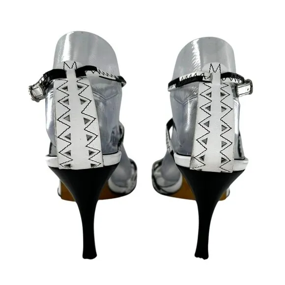 Stuart Weitzman Netta White and Black Leather Cut Out Sandals Heels Size 9 M