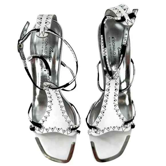 Stuart Weitzman Netta White and Black Leather Cut Out Sandals Heels Size 9 M