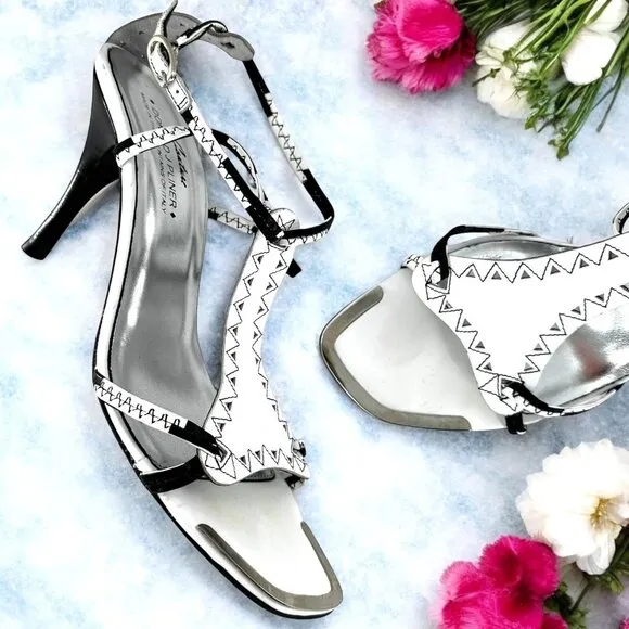 Stuart Weitzman Netta White and Black Leather Cut Out Sandals Heels Size 9 M