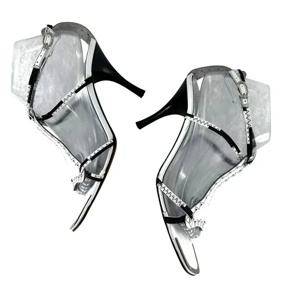 Stuart Weitzman Netta White and Black Leather Cut Out Sandals Heels Size 9 M