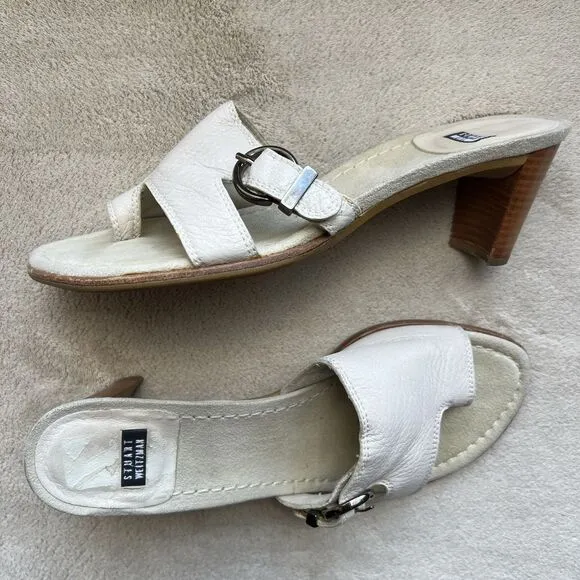 Stuart Weitzman Neutral Bone Leather Mule Heeled Sandals Women 6.5 AA Toe Ring