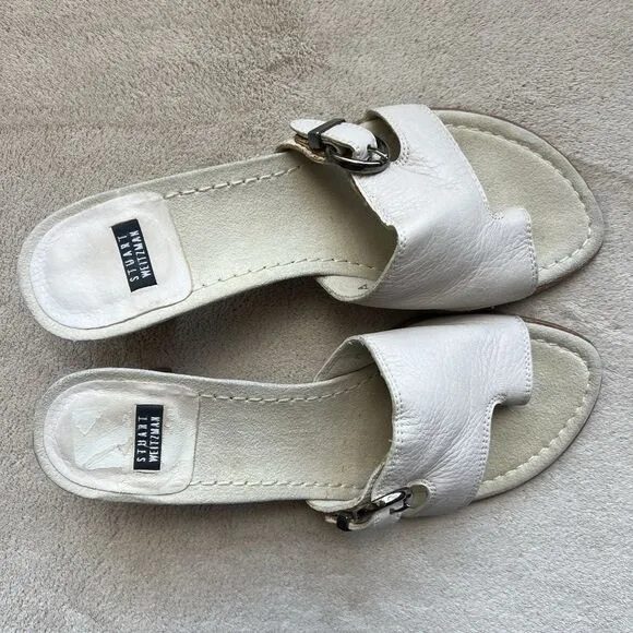 Stuart Weitzman Neutral Bone Leather Mule Heeled Sandals Women 6.5 AA Toe Ring