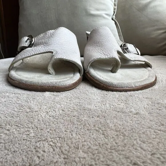 Stuart Weitzman Neutral Bone Leather Mule Heeled Sandals Women 6.5 AA Toe Ring