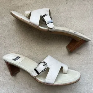 Stuart Weitzman Neutral Bone Leather Mule Heeled Sandals Women 6.5 AA Toe Ring