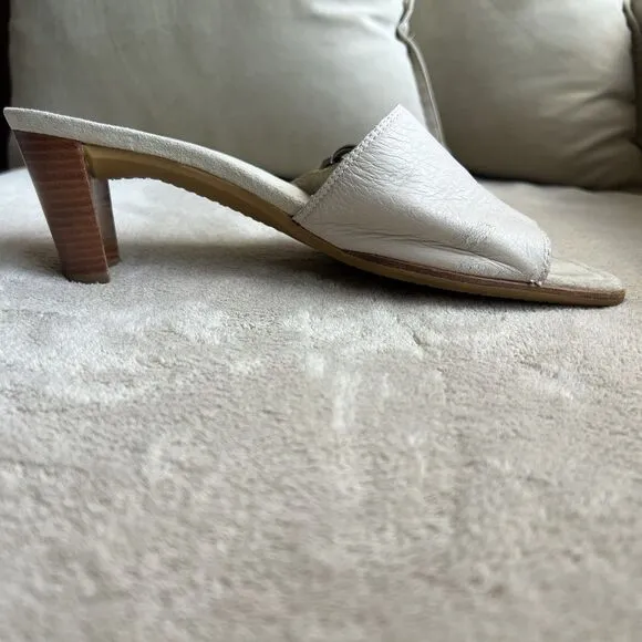Stuart Weitzman Neutral Bone Leather Mule Heeled Sandals Women 6.5 AA Toe Ring