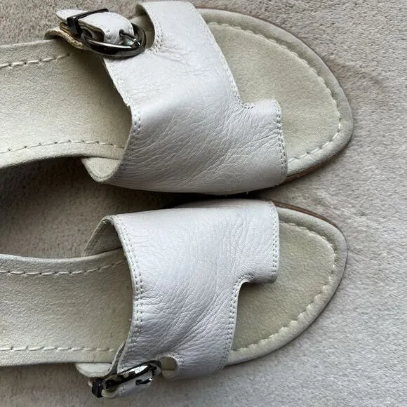 Stuart Weitzman Neutral Bone Leather Mule Heeled Sandals Women 6.5 AA Toe Ring