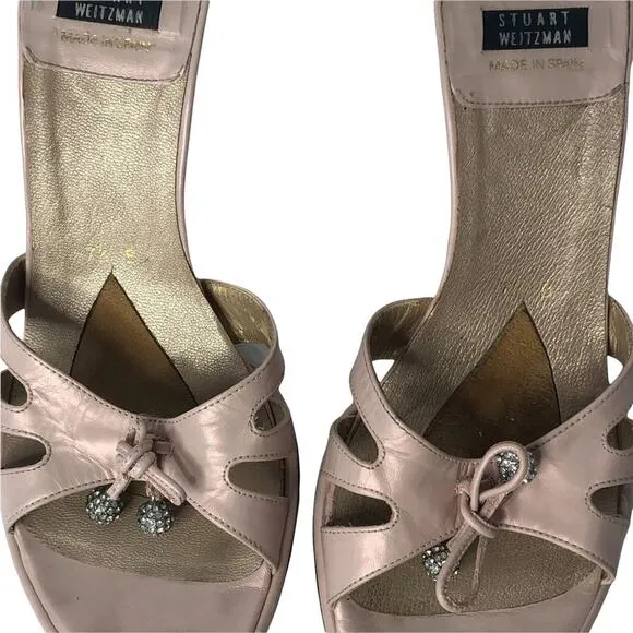 Stuart Weitzman Pink and Grey Leather Wedge Open Toe Mule Sandals size 7.5