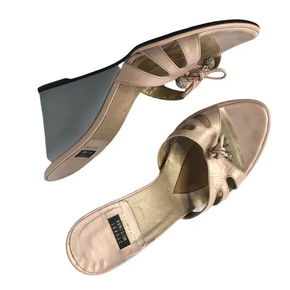 Stuart Weitzman Pink and Grey Leather Wedge Open Toe Mule Sandals size 7.5