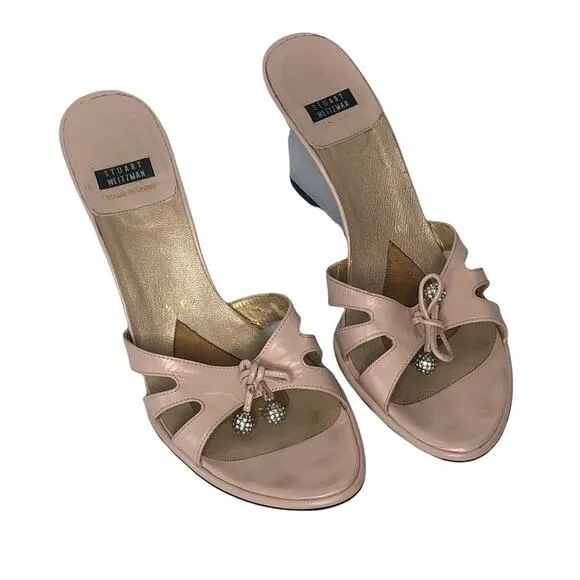 Stuart Weitzman Pink and Grey Leather Wedge Open Toe Mule Sandals size 7.5