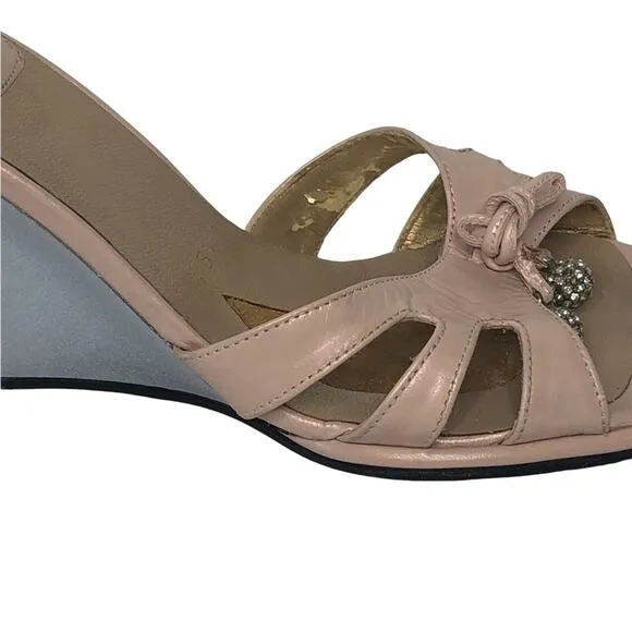 Stuart Weitzman Pink and Grey Leather Wedge Open Toe Mule Sandals size 7.5