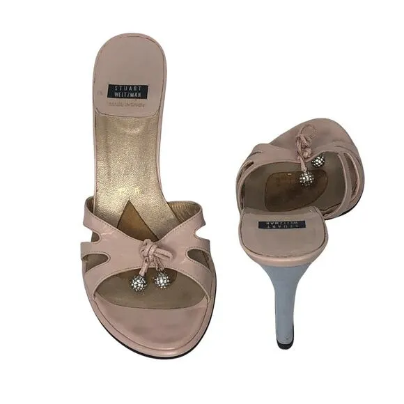 Stuart Weitzman Pink and Grey Leather Wedge Open Toe Mule Sandals size 7.5