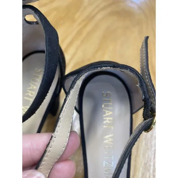 Stuart Weitzman Platform Sandals Women 8.5 Black Suede Ankle Strap Partywear B65