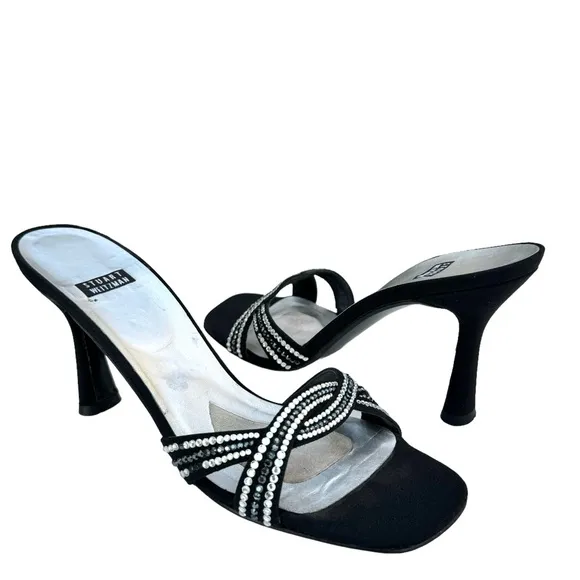Stuart Weitzman Rhinestone Sandals Strappy Black Satin Evening Heels Women’s