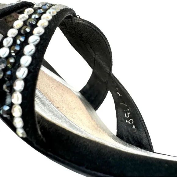 Stuart Weitzman Rhinestone Sandals Strappy Black Satin Evening Heels Women’s