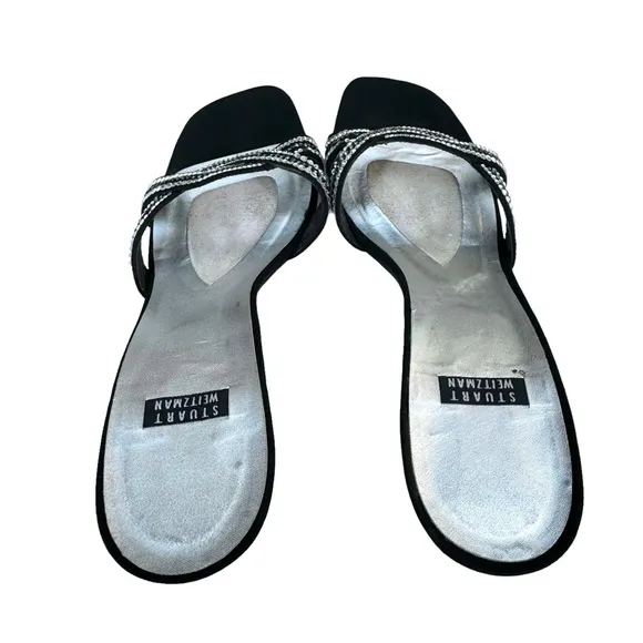Stuart Weitzman Rhinestone Sandals Strappy Black Satin Evening Heels Women’s