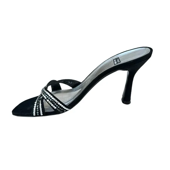 Stuart Weitzman Rhinestone Sandals Strappy Black Satin Evening Heels Women’s