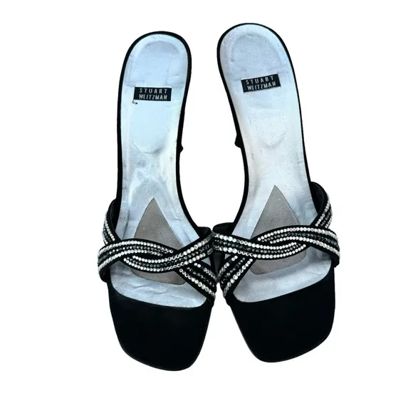 Stuart Weitzman Rhinestone Sandals Strappy Black Satin Evening Heels Women’s