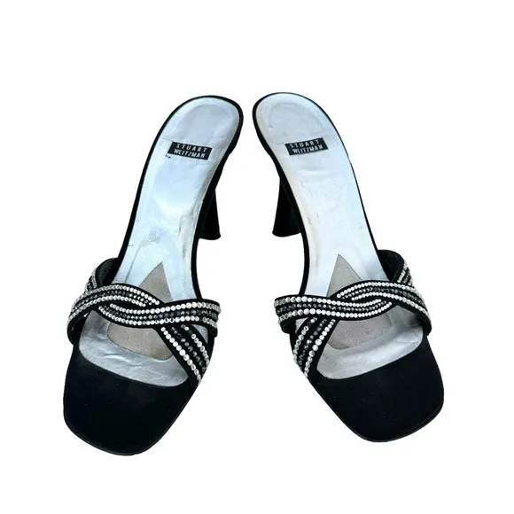 Stuart Weitzman Rhinestone Sandals Strappy Black Satin Evening Heels Women’s