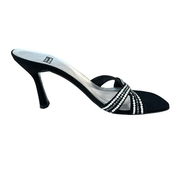Stuart Weitzman Rhinestone Sandals Strappy Black Satin Evening Heels Women’s