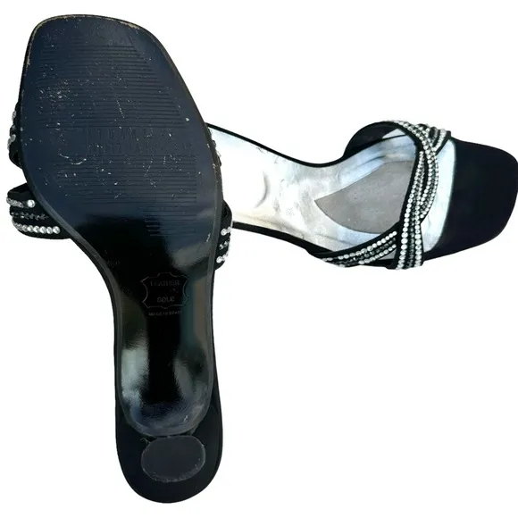 Stuart Weitzman Rhinestone Sandals Strappy Black Satin Evening Heels Women’s