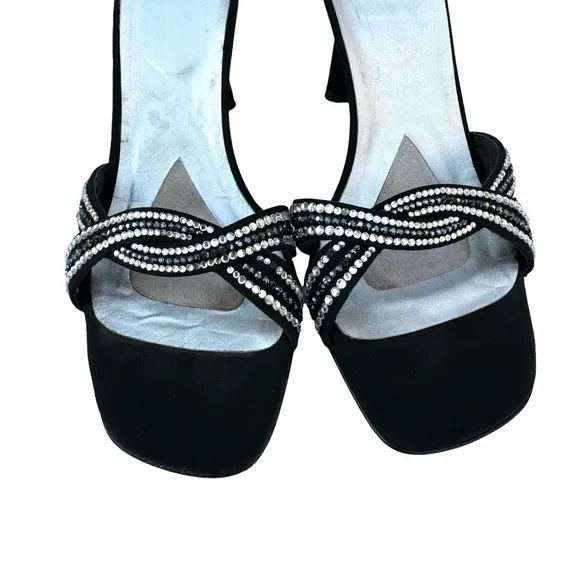 Stuart Weitzman Rhinestone Sandals Strappy Black Satin Evening Heels Women’s