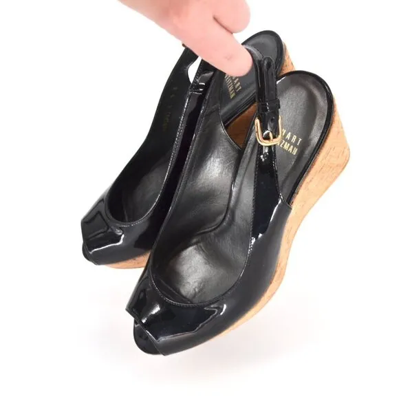 Stuart Weitzman Riviera Peep Toe Cork Wedge Sandals Patent Leather Black Size 9