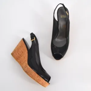 Stuart Weitzman Riviera Peep Toe Cork Wedge Sandals Patent Leather Black Size 9