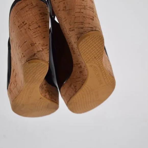 Stuart Weitzman Riviera Peep Toe Cork Wedge Sandals Patent Leather Black Size 9