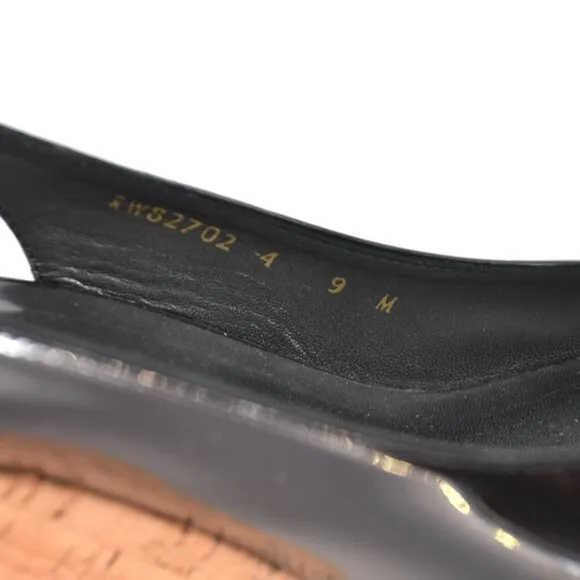 Stuart Weitzman Riviera Peep Toe Cork Wedge Sandals Patent Leather Black Size 9