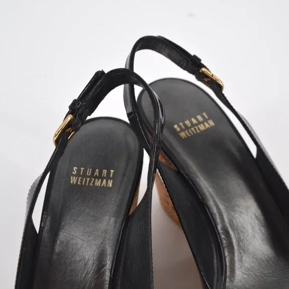 Stuart Weitzman Riviera Peep Toe Cork Wedge Sandals Patent Leather Black Size 9