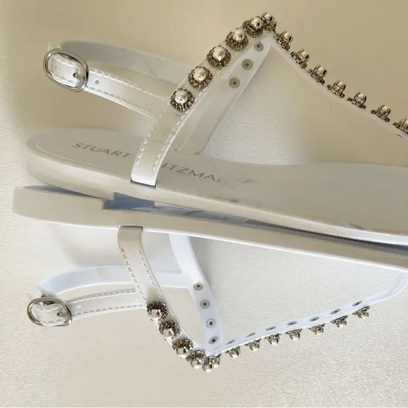 Stuart Weitzman Sandals Crystal Pearls Embellished Jelly Slingback Casual White