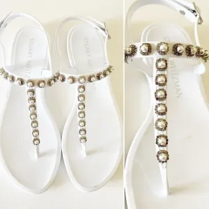 Stuart Weitzman Sandals Crystal Pearls Embellished Jelly Slingback Casual White